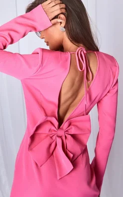 Bright Pink Woven Long Sleeve Bow Detail Blazer Dress