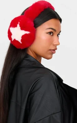 Bright Red Faux Fur Star Ear Muffs