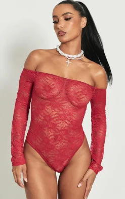 Bright Red Lace Bardot Long Sleeve Bodysuit