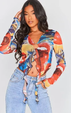 Bright Red Mesh Ring Detail Ruffle Long Sleeve Crop Top