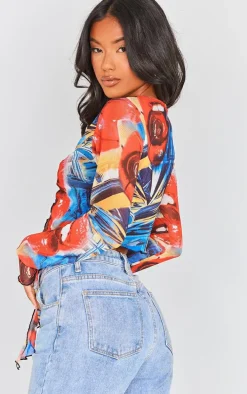 Bright Red Mesh Ring Detail Ruffle Long Sleeve Crop Top