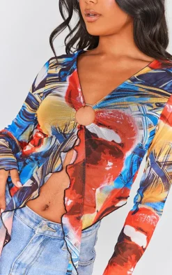 Bright Red Mesh Ring Detail Ruffle Long Sleeve Crop Top