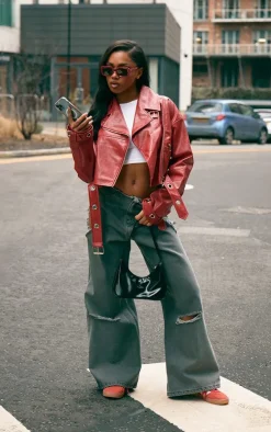 Bright Red Patent Faux Leather Belt Detail Cropped Biker Jacket