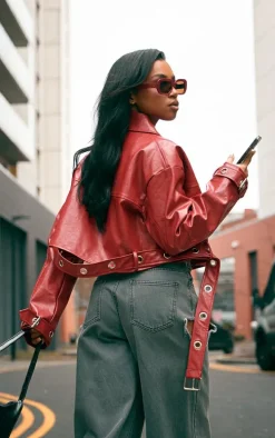 Bright Red Patent Faux Leather Belt Detail Cropped Biker Jacket