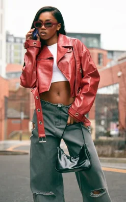 Bright Red Patent Faux Leather Belt Detail Cropped Biker Jacket