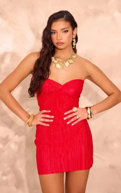 Bright Red Plisse Knot Detail Bandeau Bodycon Dress