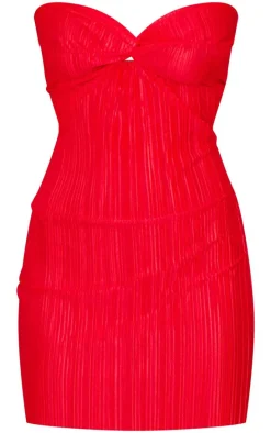 Bright Red Plisse Knot Detail Bandeau Bodycon Dress