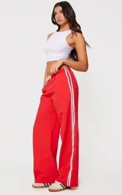 Bright Red Shell Side Stripe Detail Wide Leg Pants