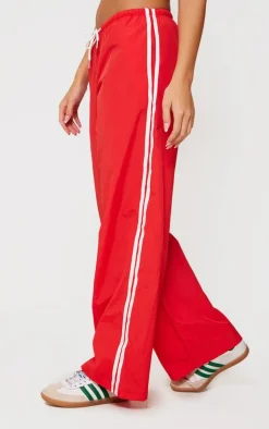 Bright Red Shell Side Stripe Detail Wide Leg Pants