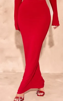Bright Red Slinky Low Rise Maxi Skirt