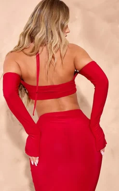 Bright Red Slinky Twist Front Long Sleeve Bardot Top