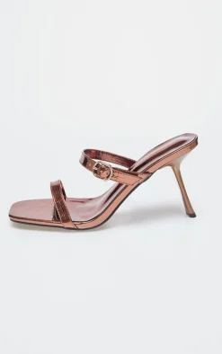 Bronze Croc PU Square Toe Strappy Heeled Mule Sandals