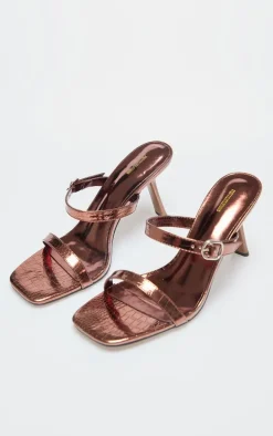 Bronze Croc PU Square Toe Strappy Heeled Mule Sandals