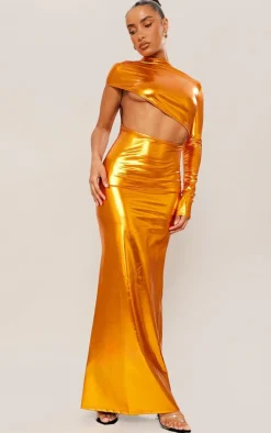 Bronze Long Sleeve On Shoulder Metallic Maxi Dress