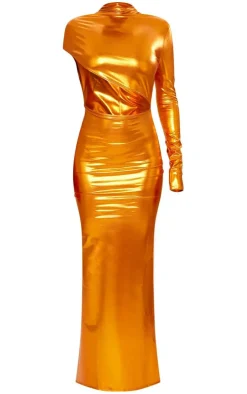Bronze Long Sleeve On Shoulder Metallic Maxi Dress