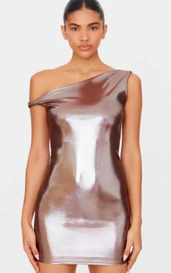 Bronze Metallic Asymmetric One Shoulder Mini Dress