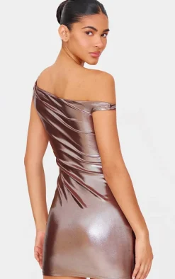 Bronze Metallic Asymmetric One Shoulder Mini Dress