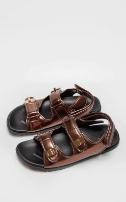 Bronze PU Round Toe Buckled Sling Back Footbed Sandals
