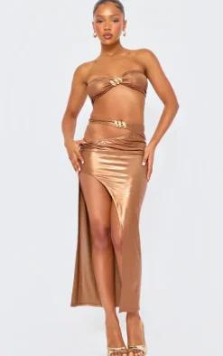 Bronze Slinky Cut Out Hammered Trim Midi Dress