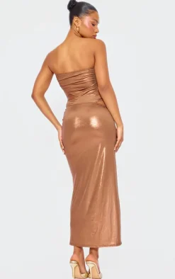 Bronze Slinky Cut Out Hammered Trim Midi Dress