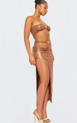 Bronze Slinky Cut Out Hammered Trim Midi Dress