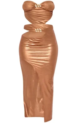 Bronze Slinky Cut Out Hammered Trim Midi Dress