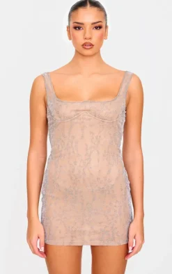 Bronze Textured Glitter Underwire Strappy Shift Dress