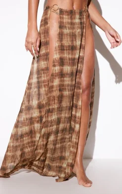 Brown Abstract Check Print Ring Split Maxi Skirt