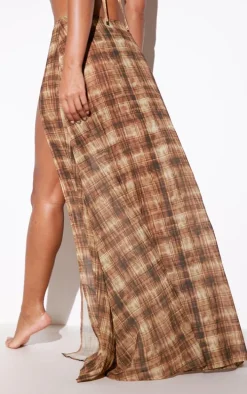 Brown Abstract Check Print Ring Split Maxi Skirt