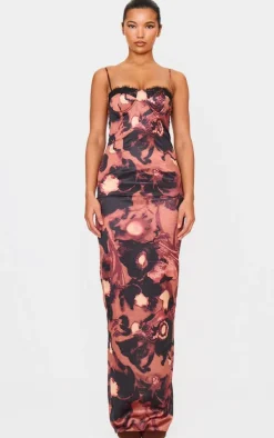 Brown Abstract Floral Print Lace Trim Maxi Dress