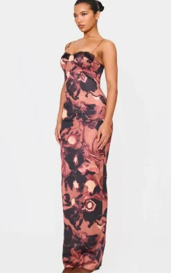 Brown Abstract Floral Print Lace Trim Maxi Dress