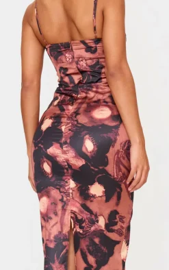 Brown Abstract Floral Print Lace Trim Maxi Dress