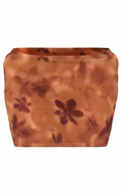 Brown Abstract Flower Print Chiffon Micro Mini Skirt