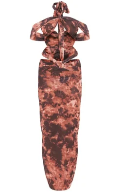 Brown Abstract Print Chiffon Cut Out Bardot Midi Dress