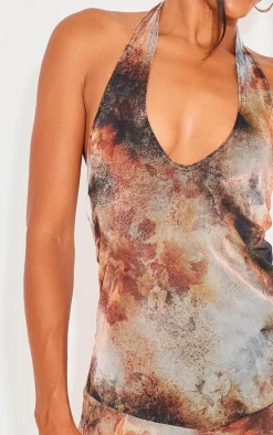 Brown Abstract Print Frill Halter Neck Mesh Shift Dress