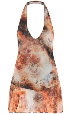 Brown Abstract Print Frill Halter Neck Mesh Shift Dress
