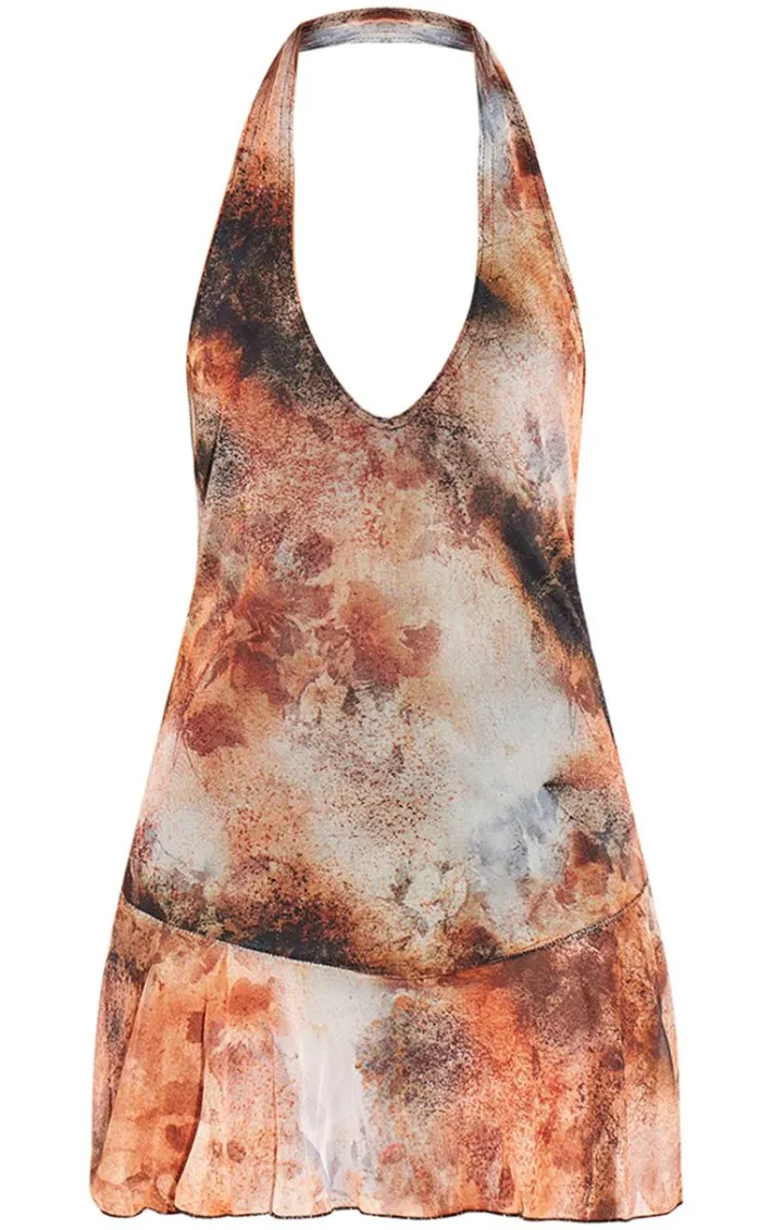 Brown Abstract Print Frill Halter Neck Mesh Shift Dress