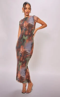 Brown Abstract Print Mesh Lettuce Hem Maxi Dress