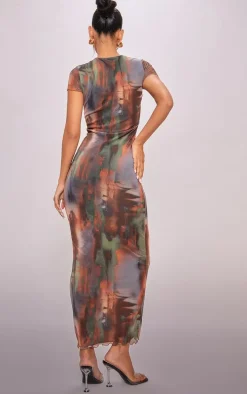 Brown Abstract Print Mesh Lettuce Hem Maxi Dress