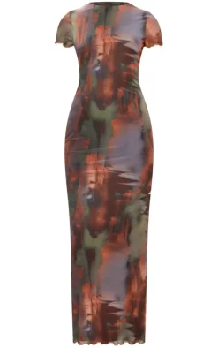 Brown Abstract Print Mesh Lettuce Hem Maxi Dress