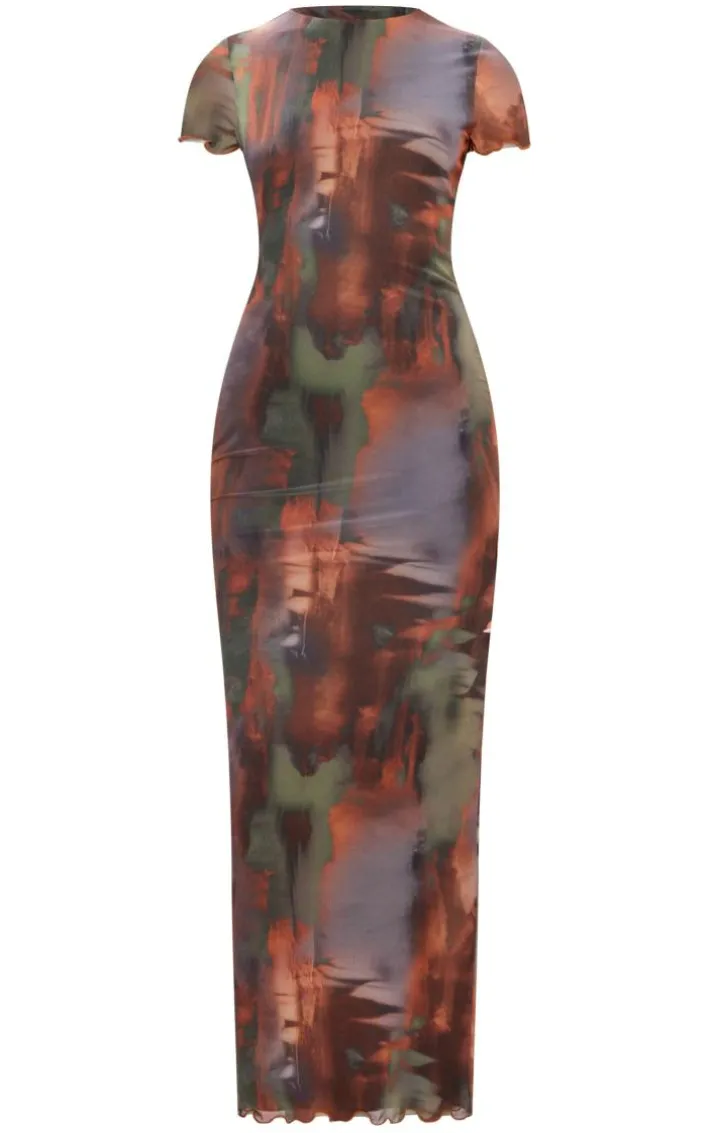 Brown Abstract Print Mesh Lettuce Hem Maxi Dress