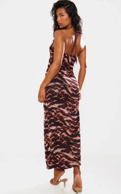 Brown Abstract Print Mesh Halterneck Maxi Dress