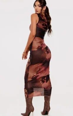 Brown Abstract Print Mesh Racer Neck Maxi Dress