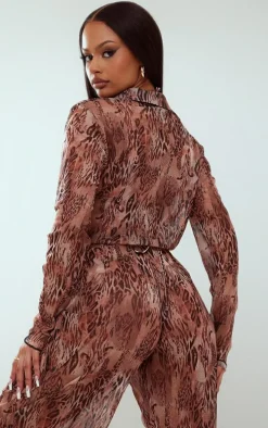 Brown Abstract Print Plunge Tie Front Long Sleeve Shirt