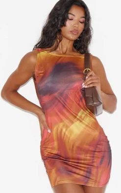 Brown Abstract Print Racer Neck Cowl Back Mini Dress
