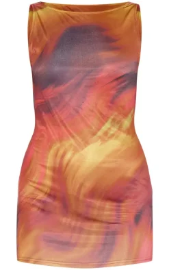 Brown Abstract Print Racer Neck Cowl Back Mini Dress
