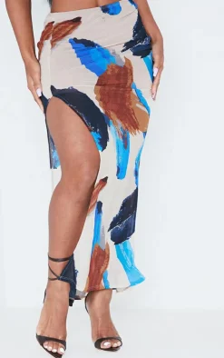 Brown Abstract Printed Burnout Mesh Split Thigh Maxi Skirt