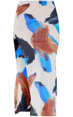 Brown Abstract Printed Burnout Mesh Split Thigh Maxi Skirt
