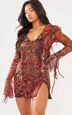 Brown Abstract Printed Double Mesh Long Sleeve Shift Dress