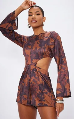Brown Abstract Printed Flared Sleeve Cut Out Romper